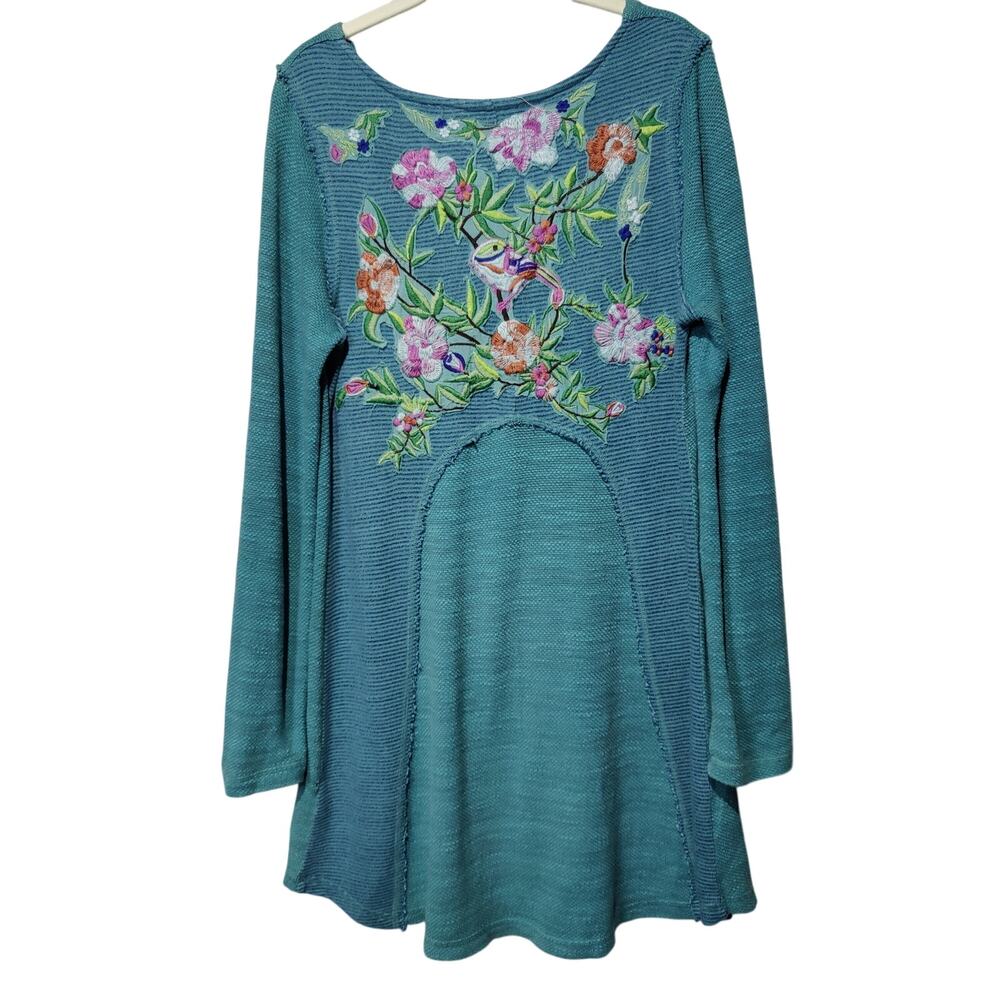 Soft Surroundings Women's Sz M Green Embroidered Waffle Thermal Tunic